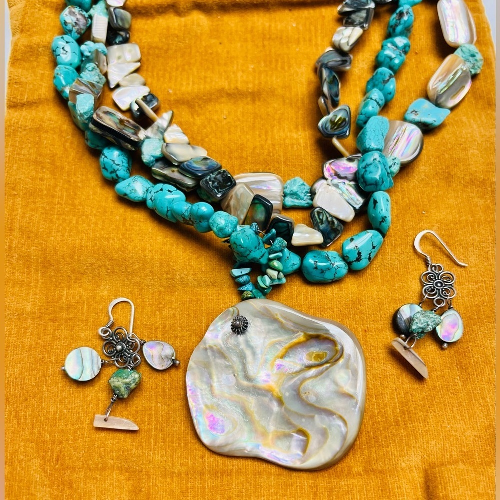 925 Turquoise & Mother of Pearl reversible necklace & earrings 24”, 2.5” center